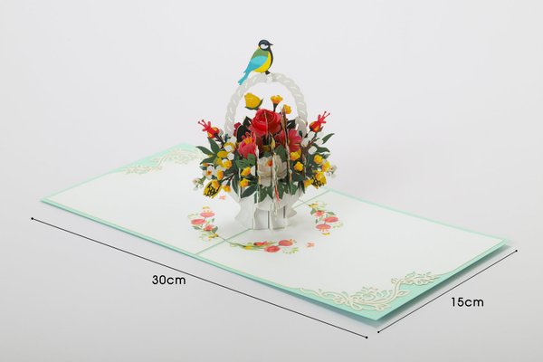 Pop-Up Blumenkarte – Blumenkorb mit Schmetterling und Vogel ..